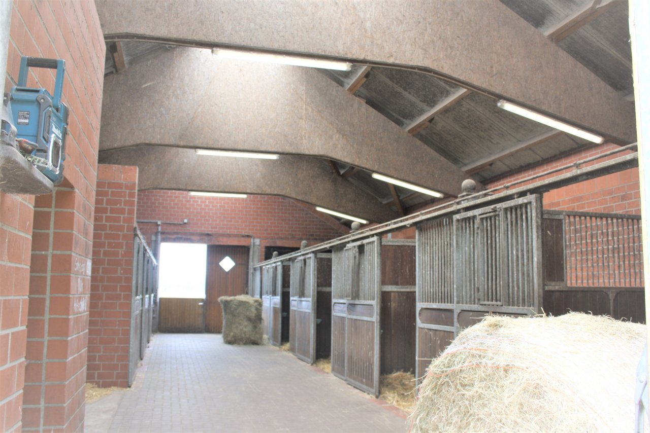 Bauernhof, kleine Reitanlage sowie größere Reitanlage mit Reithalle.